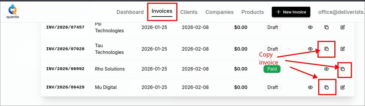Copy button in invoice list