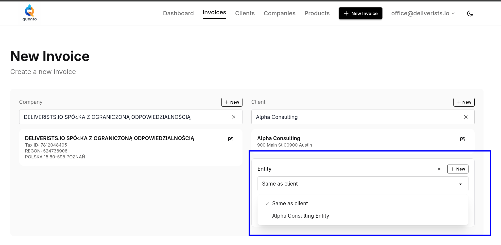 Choose or create an entity while creating an invoice