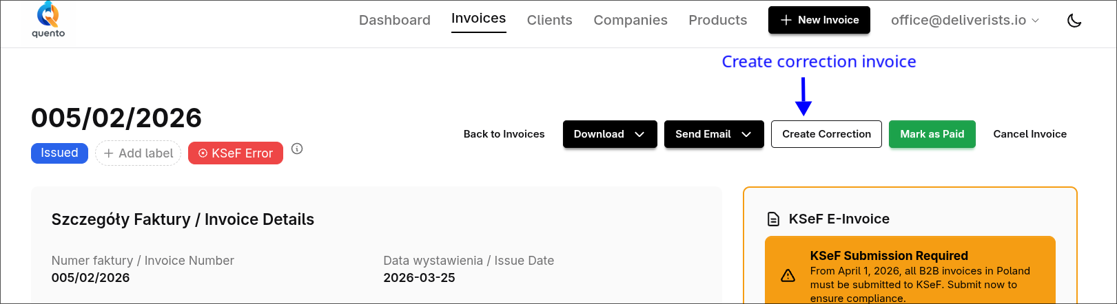 Correction invoice form with source invoice details and correction reason