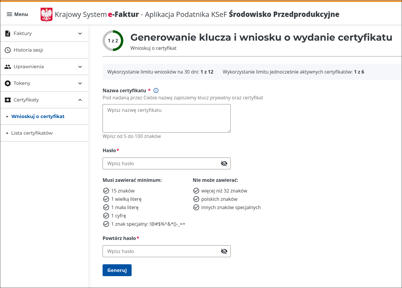Certificate key and application form in the Polish KSeF Taxpayer Application