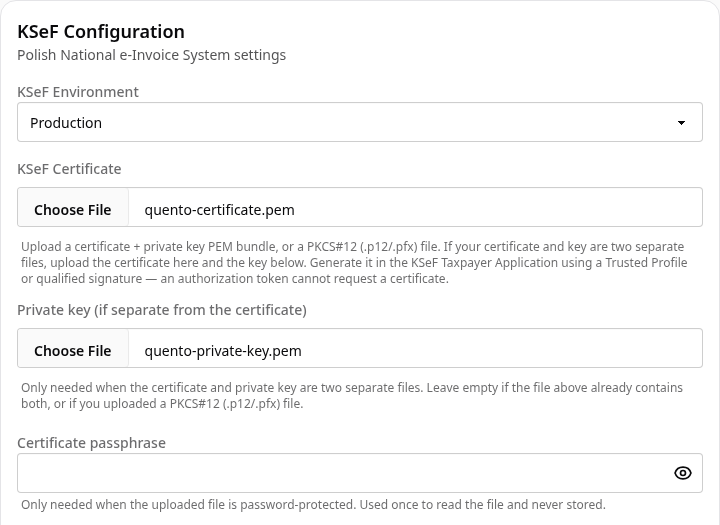 KSeF Configuration in Quento with separate fields for a certificate file and private key file