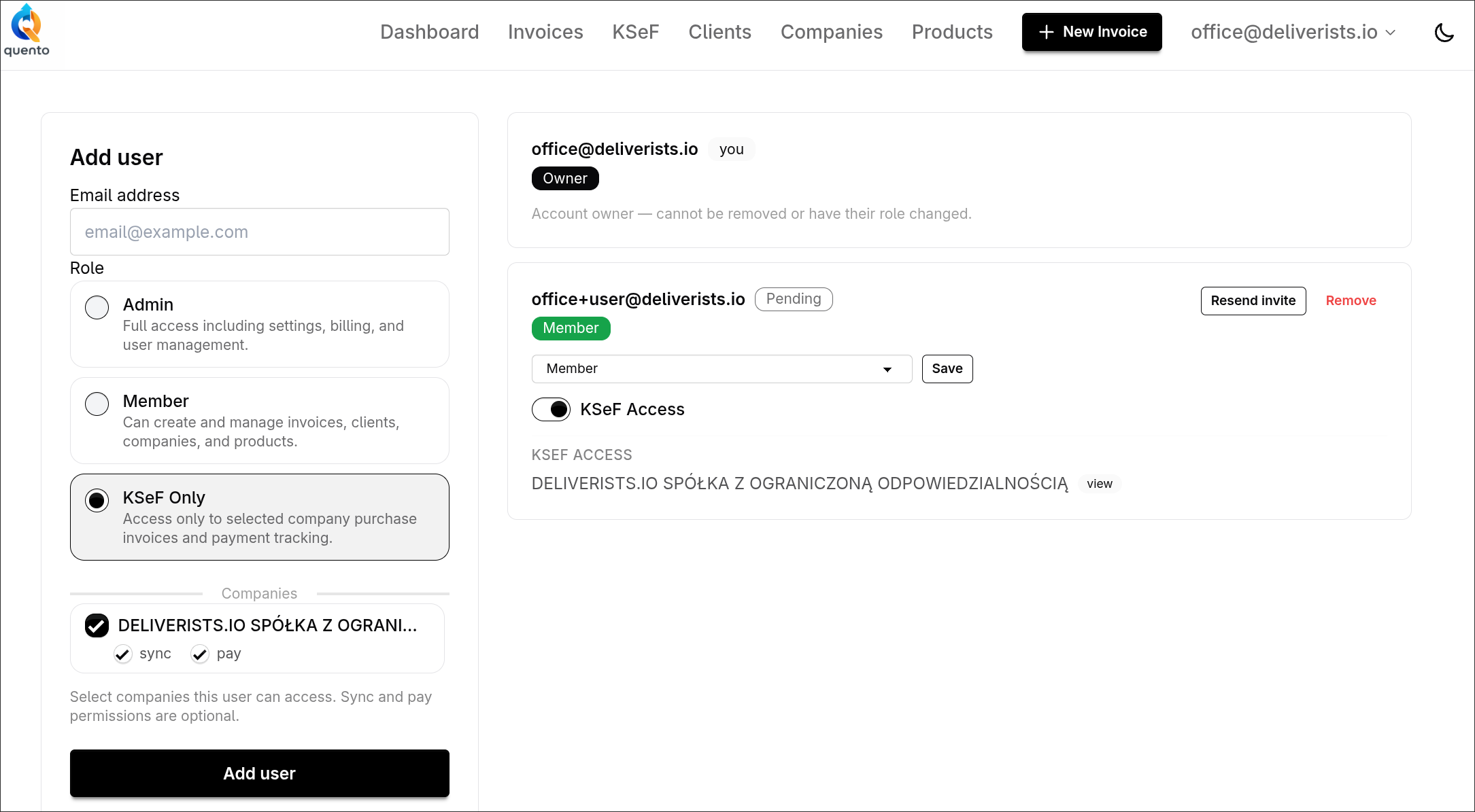 Granting access to KSeF payables for a specific company in Quento's team settings