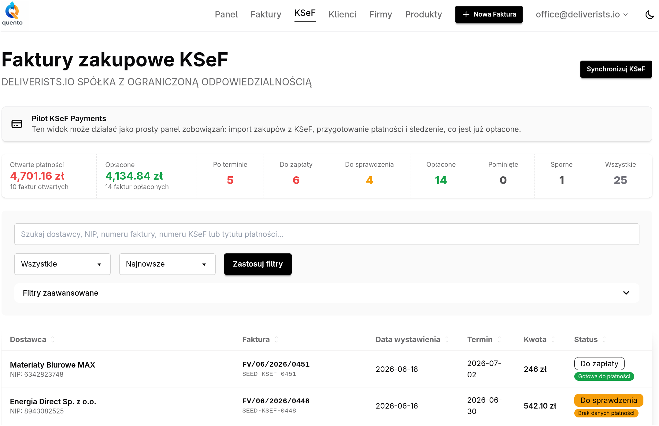 Faktury kosztowe z KSeF w Quento — skrzynka z terminami i statusami płatności